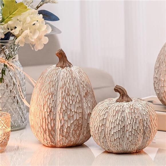 Artificial Pumpkin Decor Set of 2 White Brown Resin Pumpkins Fall Thanksgiving - Picture 1 of 7